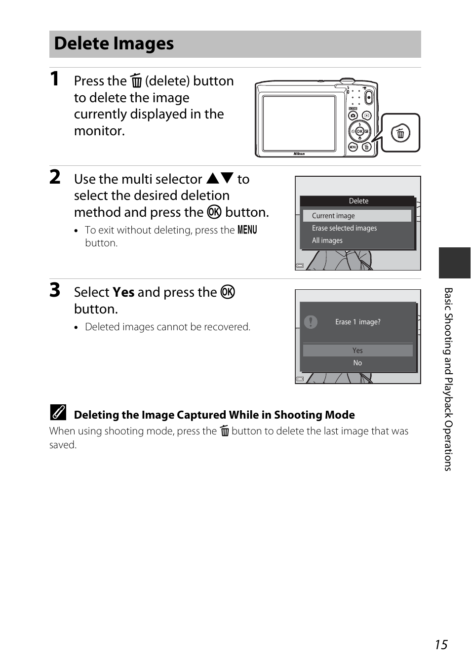 Delete images, Select yes and press the k button | Nikon Coolpix A100 User Manual | Page 31 / 144