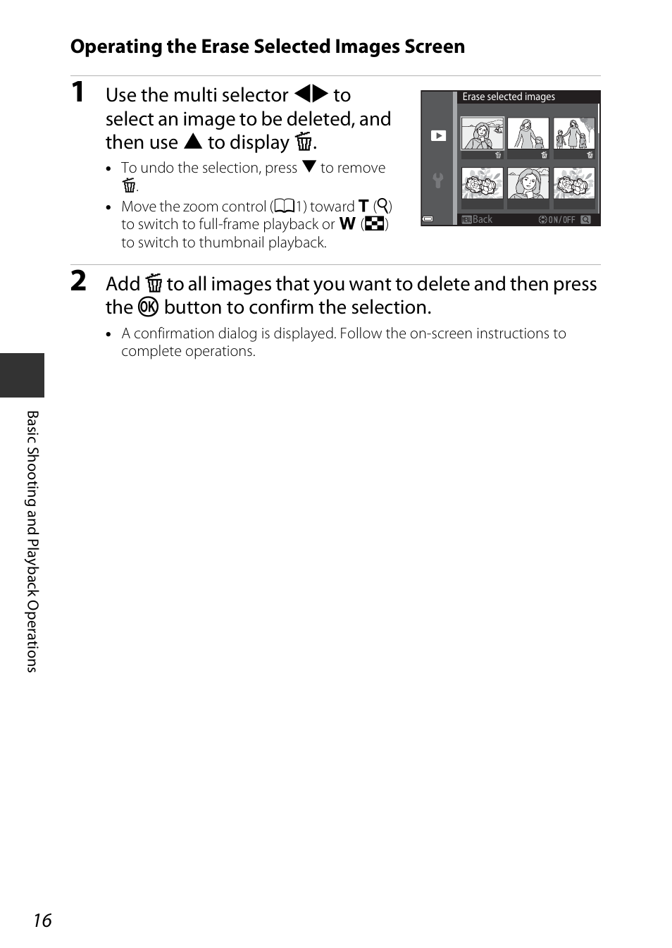 Operating the erase selected images screen | Nikon Coolpix A100 User Manual | Page 32 / 144