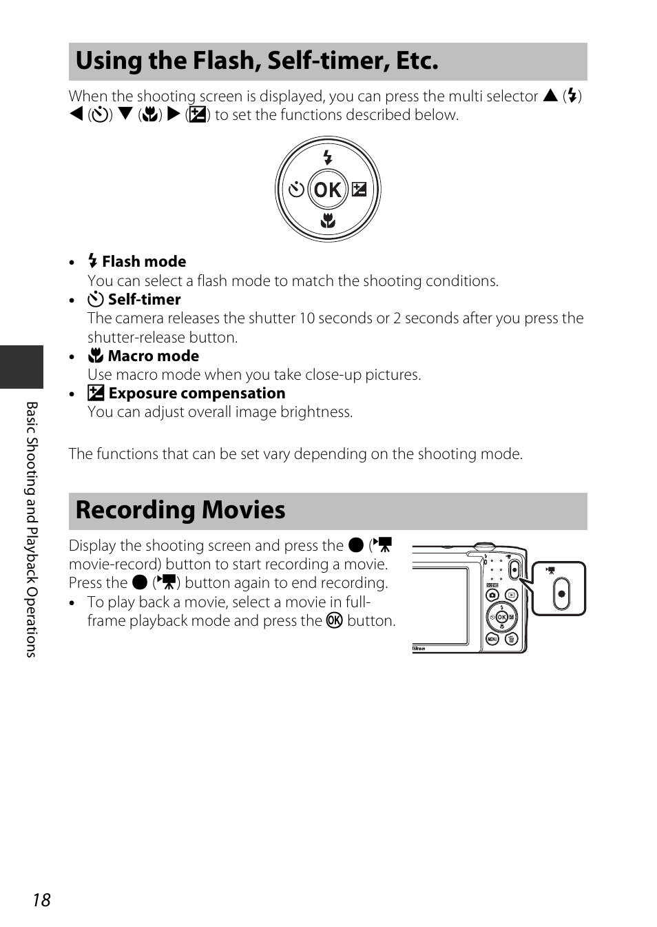 Using the flash, self-timer, etc, Recording movies, Using the flash, self-timer, etc recording movies | Using the flash, self-timer, etc. recording movies | Nikon Coolpix A100 User Manual | Page 34 / 144