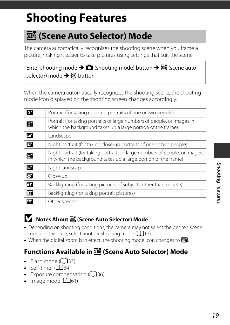 Shooting features, Scene auto selector mode, X (scene auto selector) mode | Nikon Coolpix A100 User Manual | Page 35 / 144