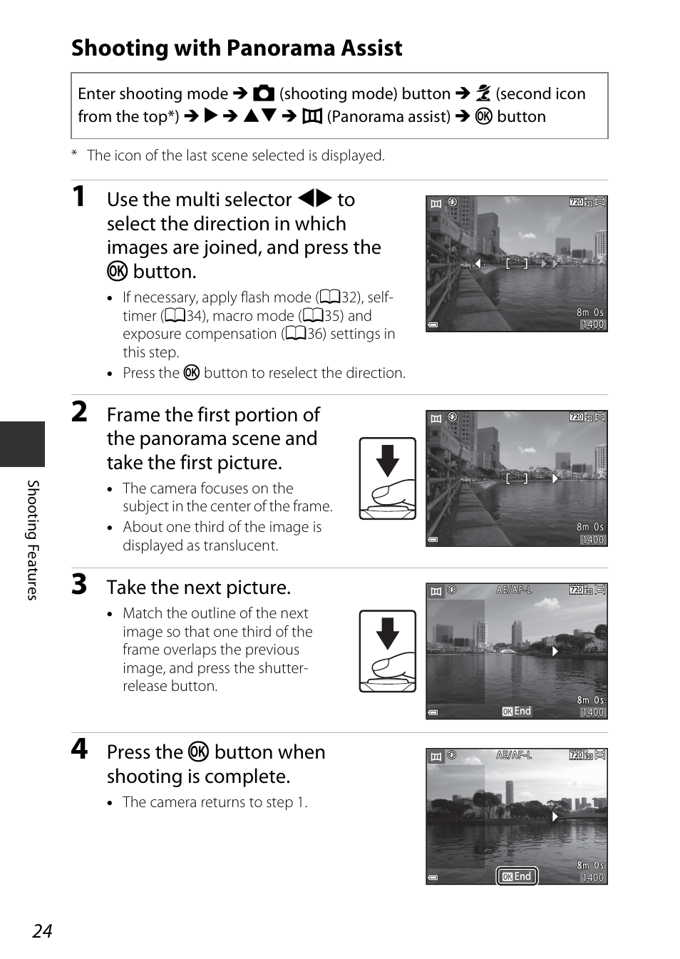 Shooting with panorama assist, A24), Take the next picture | Press the k button when shooting is complete | Nikon Coolpix A100 User Manual | Page 40 / 144