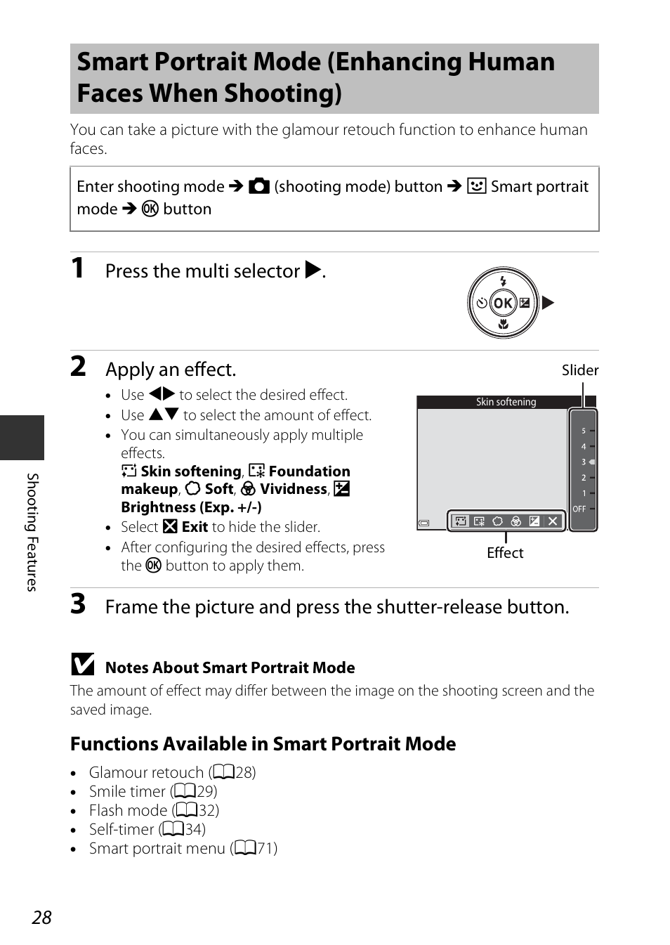 Press the multi selector k, Apply an effect, Functions available in smart portrait mode | Nikon Coolpix A100 User Manual | Page 44 / 144