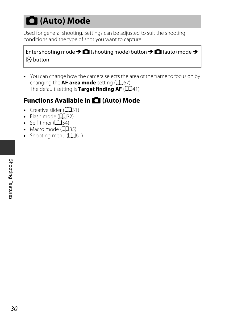 Auto mode, A (auto) mode, Functions available in a (auto) mode | Nikon Coolpix A100 User Manual | Page 46 / 144