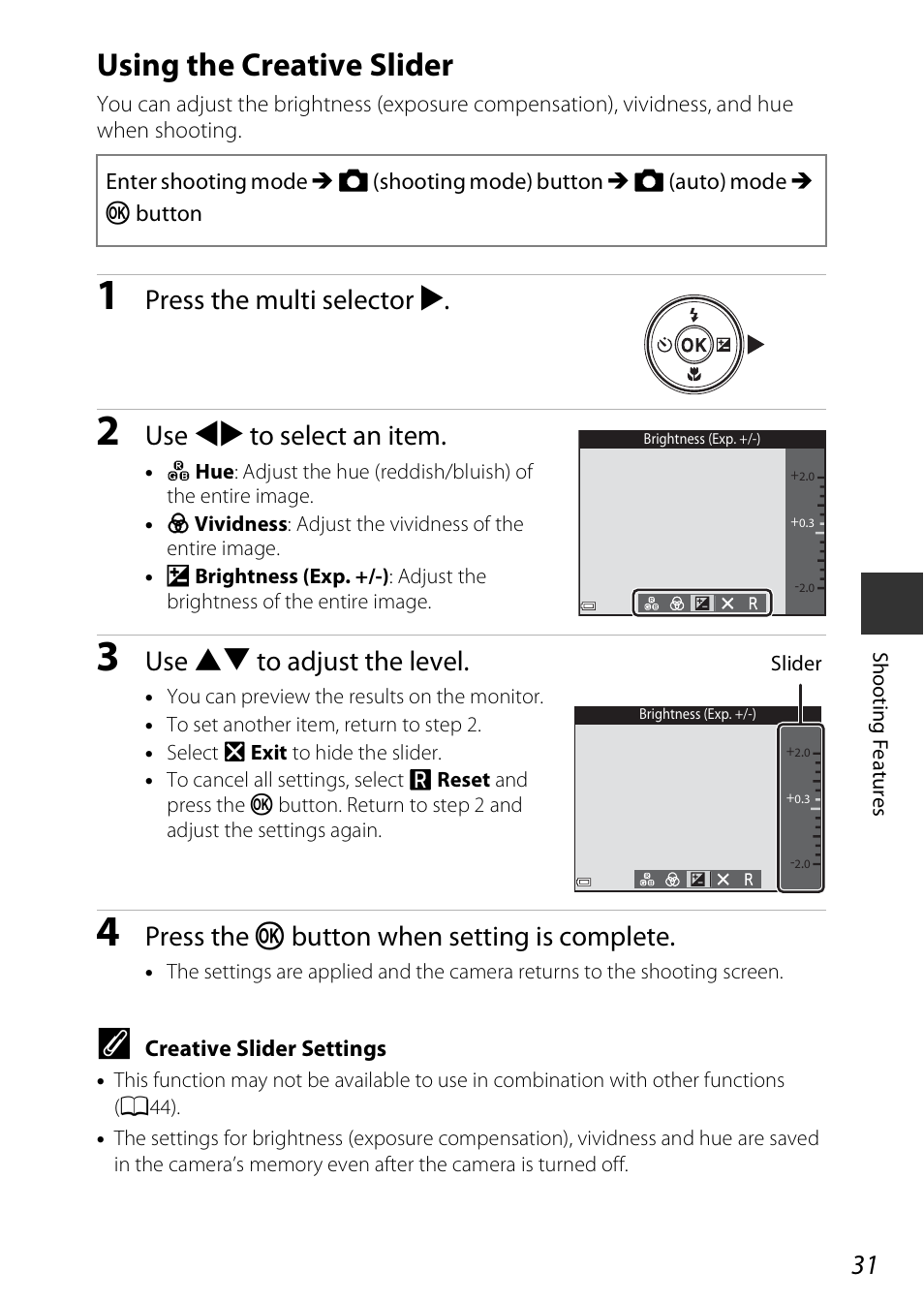 Using the creative slider, A31), Press the multi selector k | Use jk to select an item, Use hi to adjust the level, Press the k button when setting is complete | Nikon Coolpix A100 User Manual | Page 47 / 144