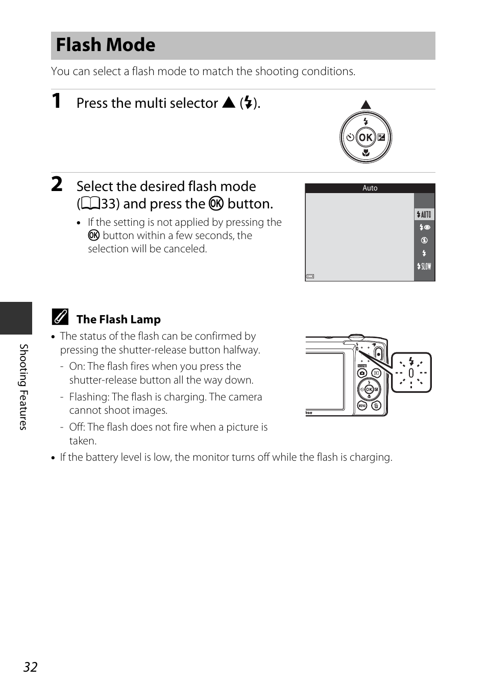 Flash mode, Press the multi selector h (m) | Nikon Coolpix A100 User Manual | Page 48 / 144