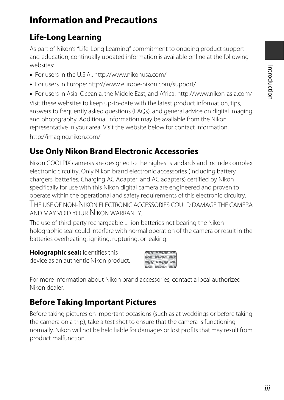 Information and precautions, Life-long learning, Use only nikon brand electronic accessories | Before taking important pictures | Nikon Coolpix A100 User Manual | Page 5 / 144