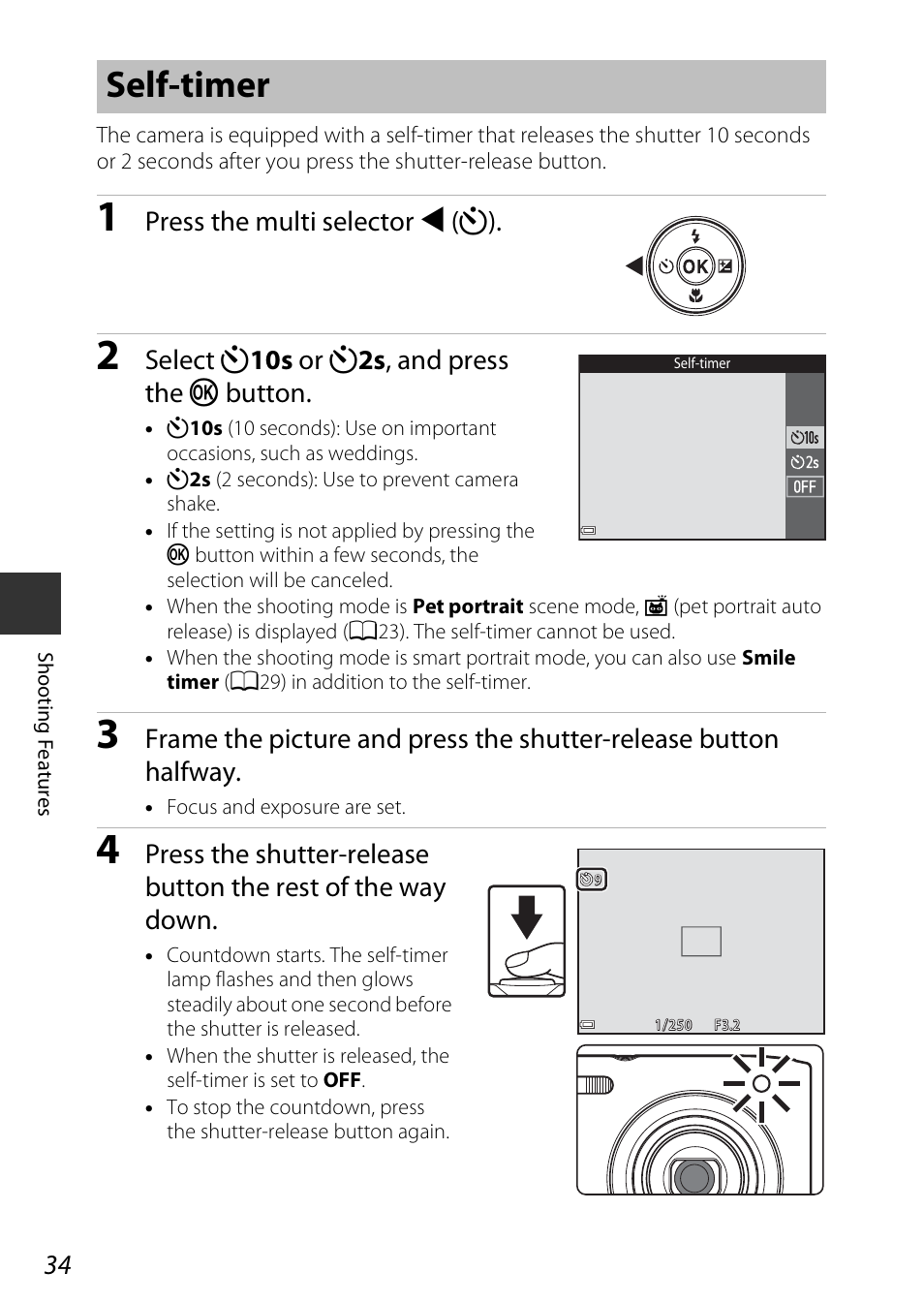 Self-timer, A34), Press the multi selector j (n) | Select n 10s or n 2s , and press the k button | Nikon Coolpix A100 User Manual | Page 50 / 144