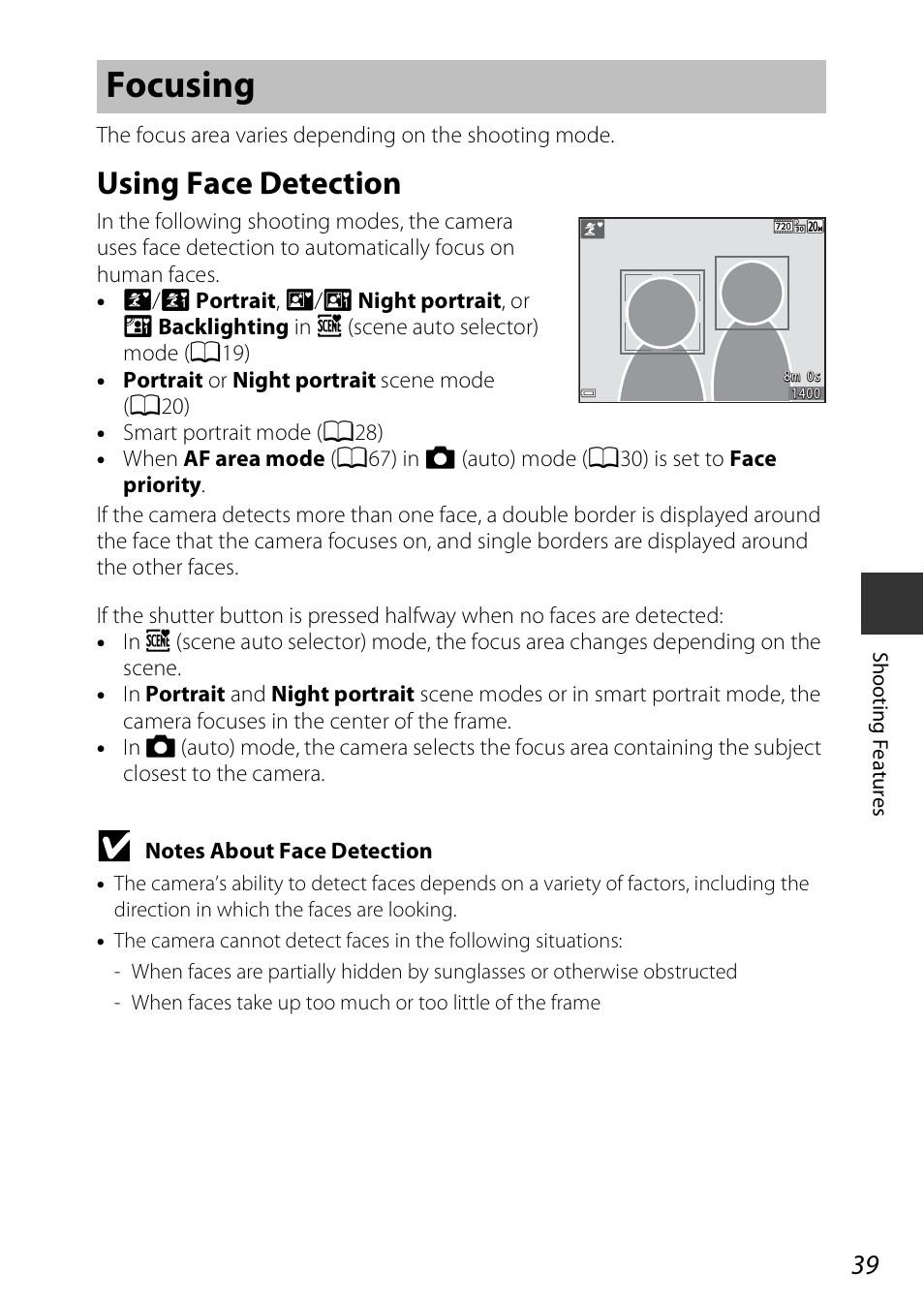 Focusing, Using face detection | Nikon Coolpix A100 User Manual | Page 55 / 144