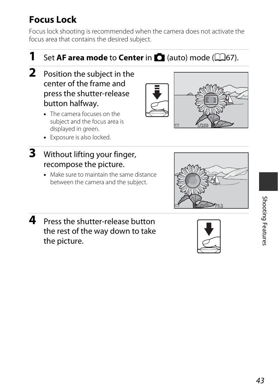 Focus lock, Without lifting your finger, recompose the picture | Nikon Coolpix A100 User Manual | Page 59 / 144