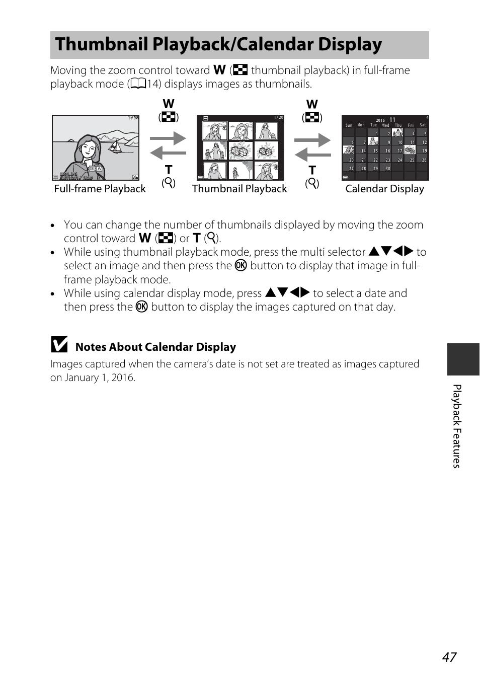 Thumbnail playback/calendar display, Play b ack f e ature s | Nikon Coolpix A100 User Manual | Page 63 / 144