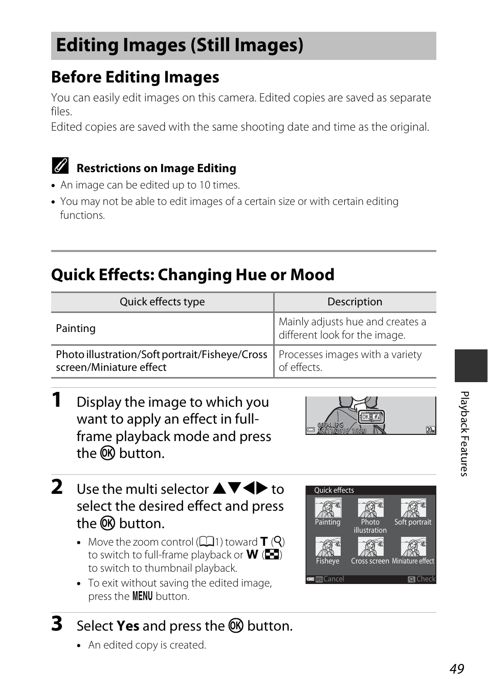 Editing images (still images), Before editing images, Quick effects: changing hue or mood | Select yes and press the k button | Nikon Coolpix A100 User Manual | Page 65 / 144