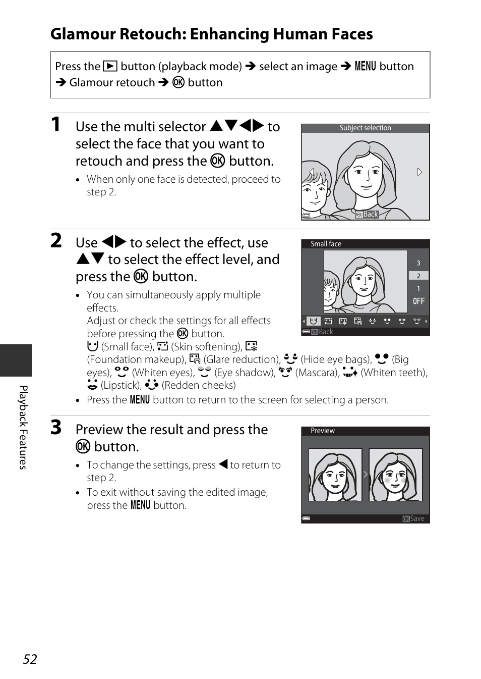 Glamour retouch: enhancing human faces, A52), Preview the result and press the k button | Nikon Coolpix A100 User Manual | Page 68 / 144