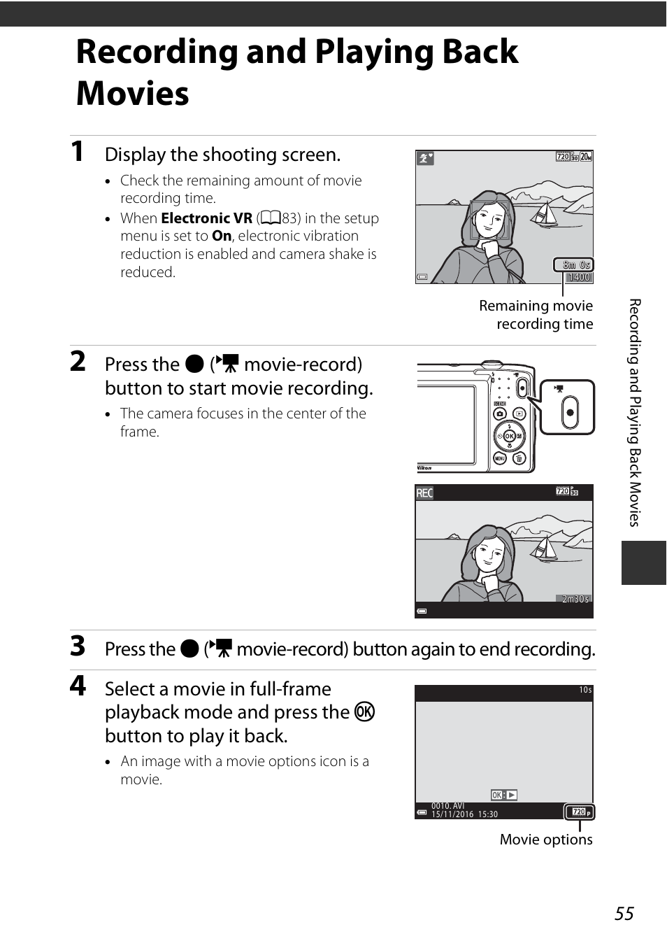 Recording and playing back movies, Display the shooting screen | Nikon Coolpix A100 User Manual | Page 71 / 144