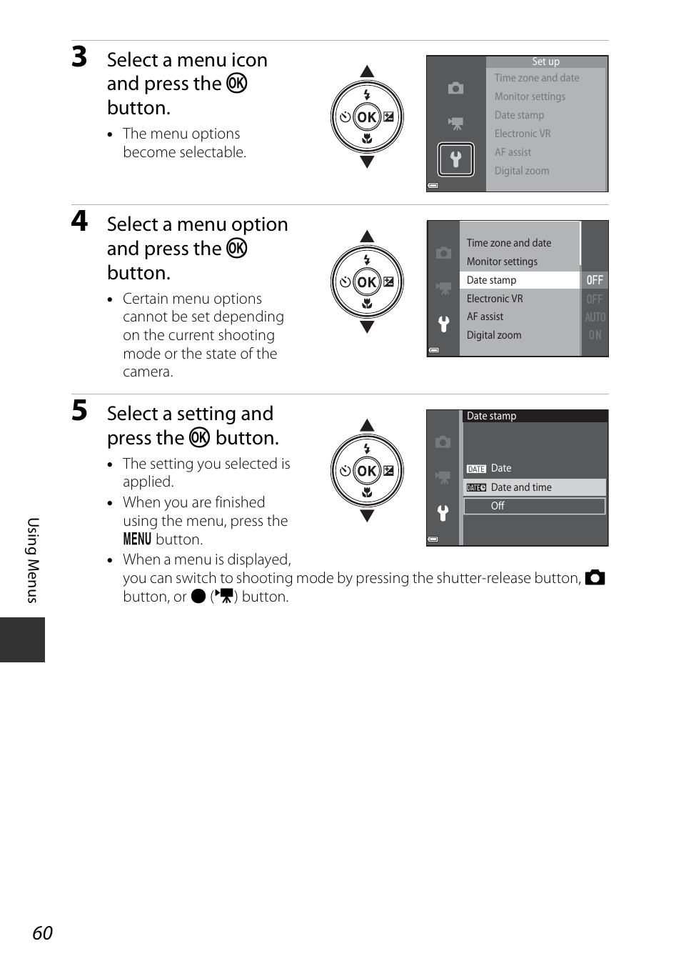 Select a menu icon and press the k button, Select a menu option and press the k button, Select a setting and press the k button | Nikon Coolpix A100 User Manual | Page 76 / 144