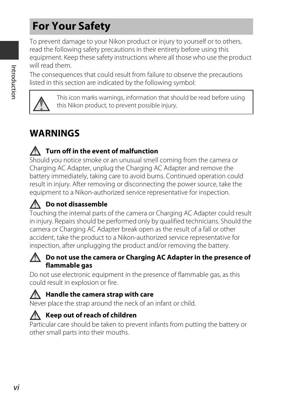 For your safety, Warnings, Avi–vi | Nikon Coolpix A100 User Manual | Page 8 / 144