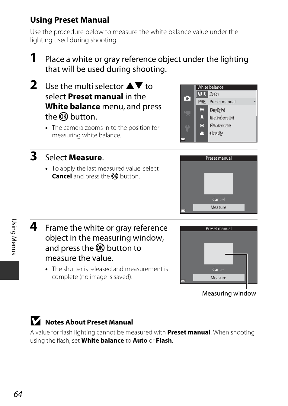 A64), Using preset manual, Select measure | Nikon Coolpix A100 User Manual | Page 80 / 144