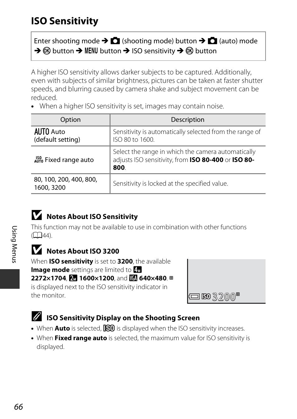 Iso sensitivity, A66) | Nikon Coolpix A100 User Manual | Page 82 / 144