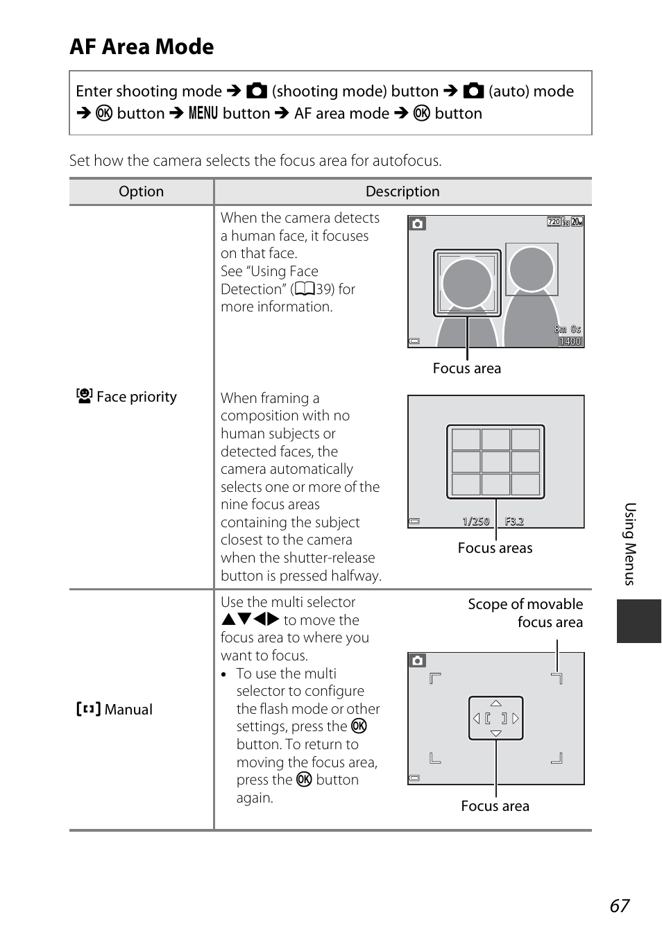 Af area mode, A67), A67) in | Nikon Coolpix A100 User Manual | Page 83 / 144