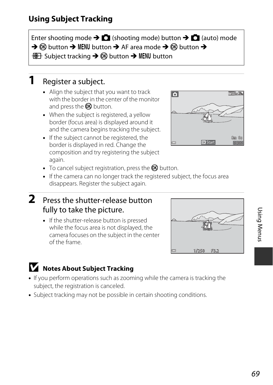 Using subject tracking, A69) f, Register a subject | Nikon Coolpix A100 User Manual | Page 85 / 144