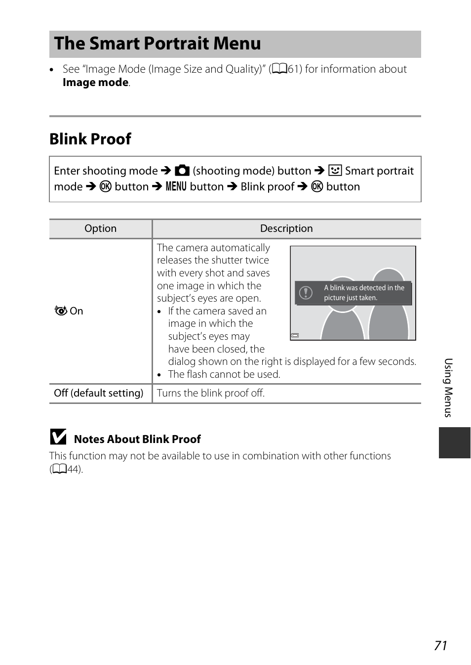 The smart portrait menu, Blink proof, A71) | Nikon Coolpix A100 User Manual | Page 87 / 144