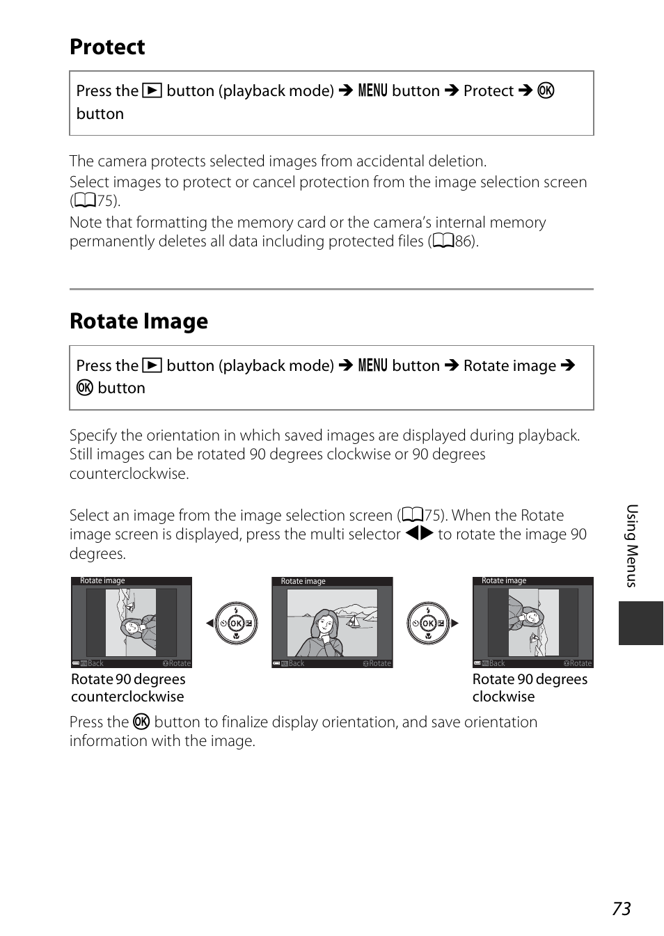 Protect, Rotate image, Protect rotate image | Nikon Coolpix A100 User Manual | Page 89 / 144