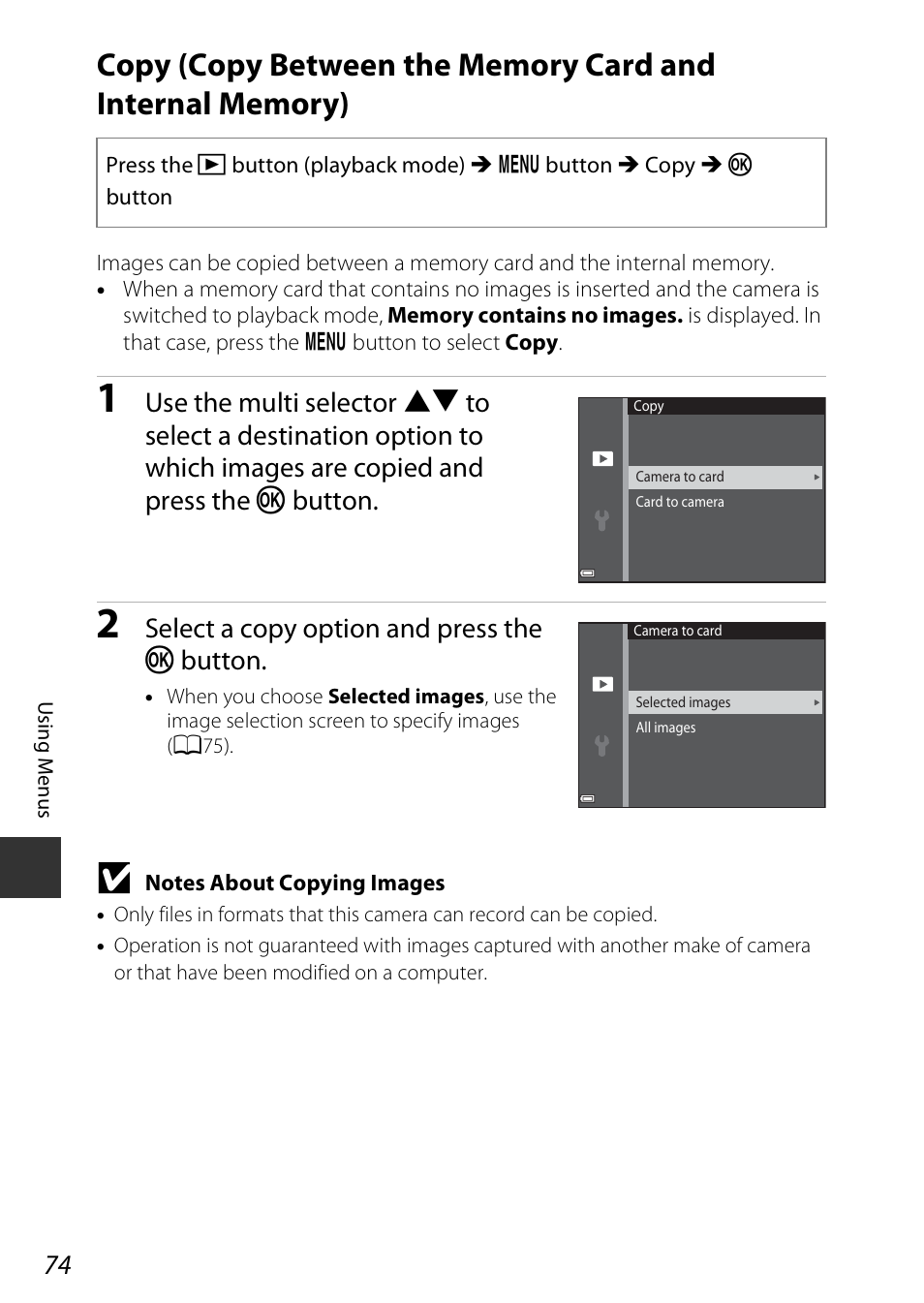 Select a copy option and press the k button | Nikon Coolpix A100 User Manual | Page 90 / 144