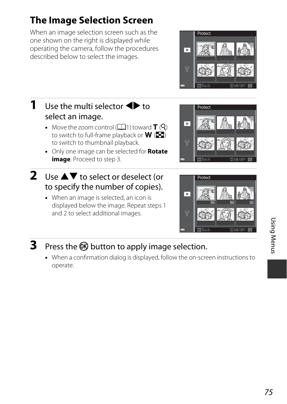 The image selection screen, A75), Use the multi selector jk to select an image | Press the k button to apply image selection | Nikon Coolpix A100 User Manual | Page 91 / 144