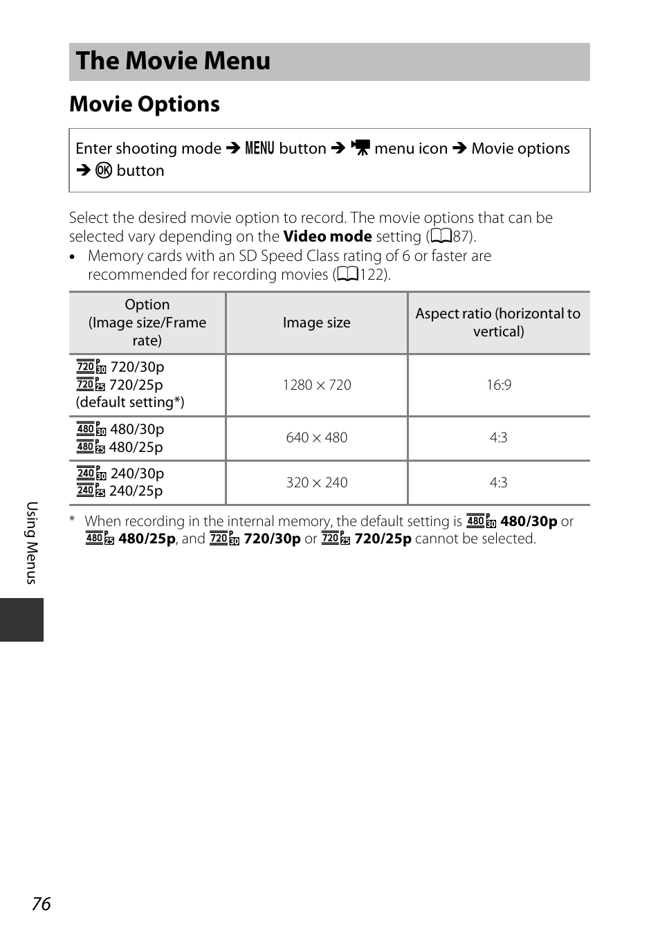 The movie menu, Movie options | Nikon Coolpix A100 User Manual | Page 92 / 144
