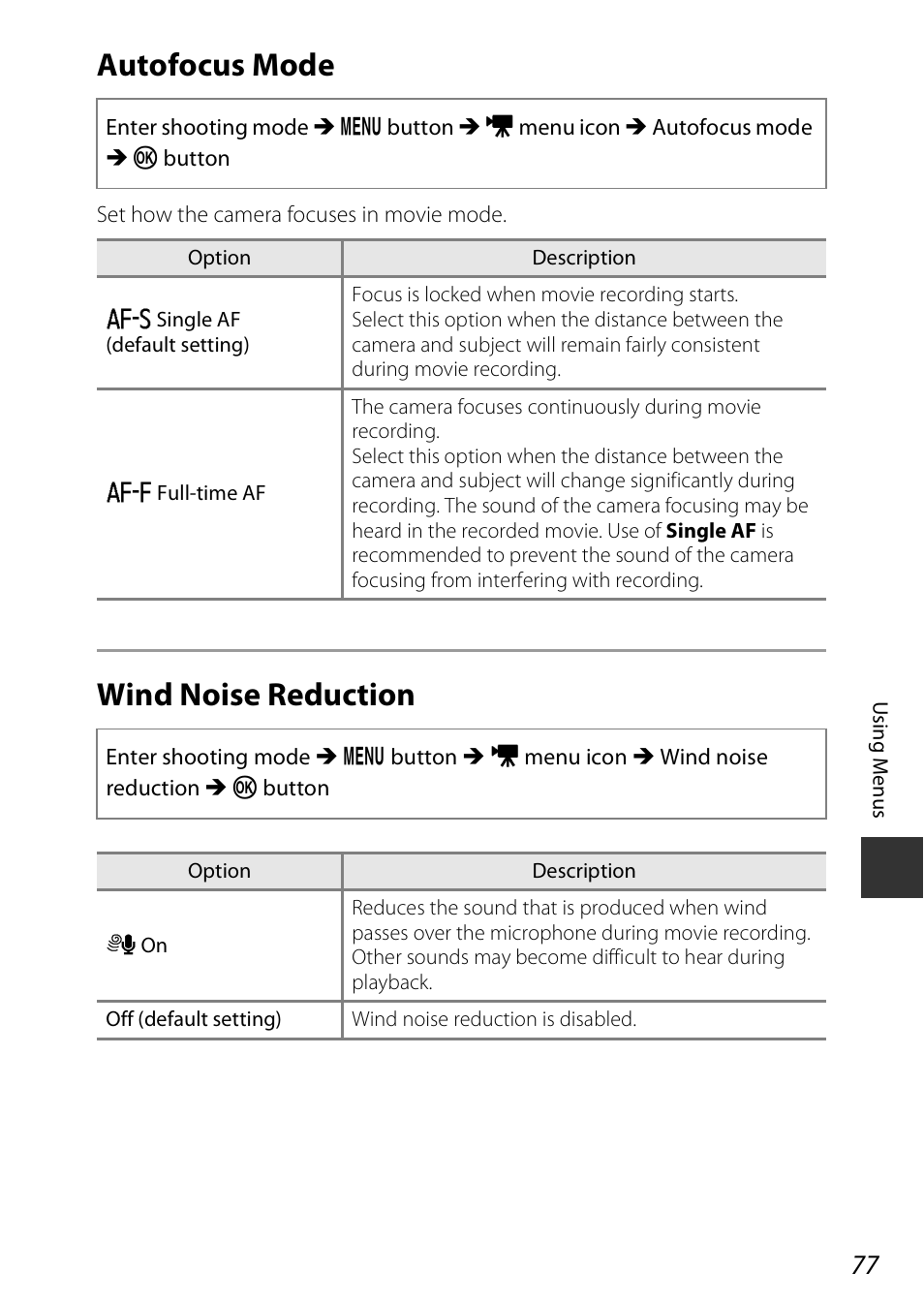 Autofocus mode, Wind noise reduction, Autofocus mode wind noise reduction | Nikon Coolpix A100 User Manual | Page 93 / 144