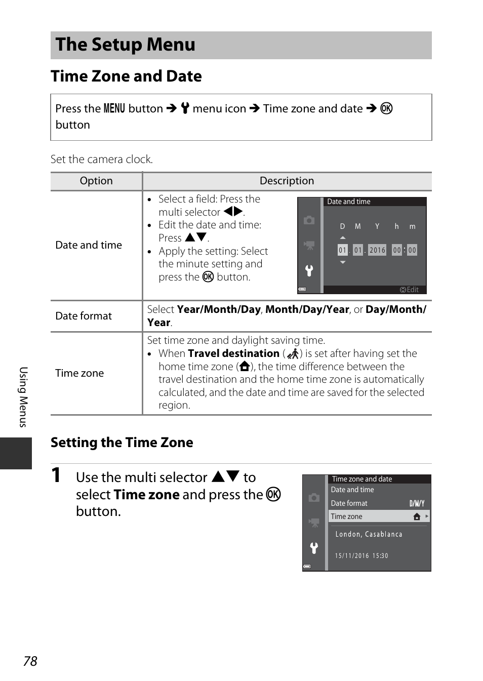 The setup menu, Time zone and date, Setting the time zone | Nikon Coolpix A100 User Manual | Page 94 / 144