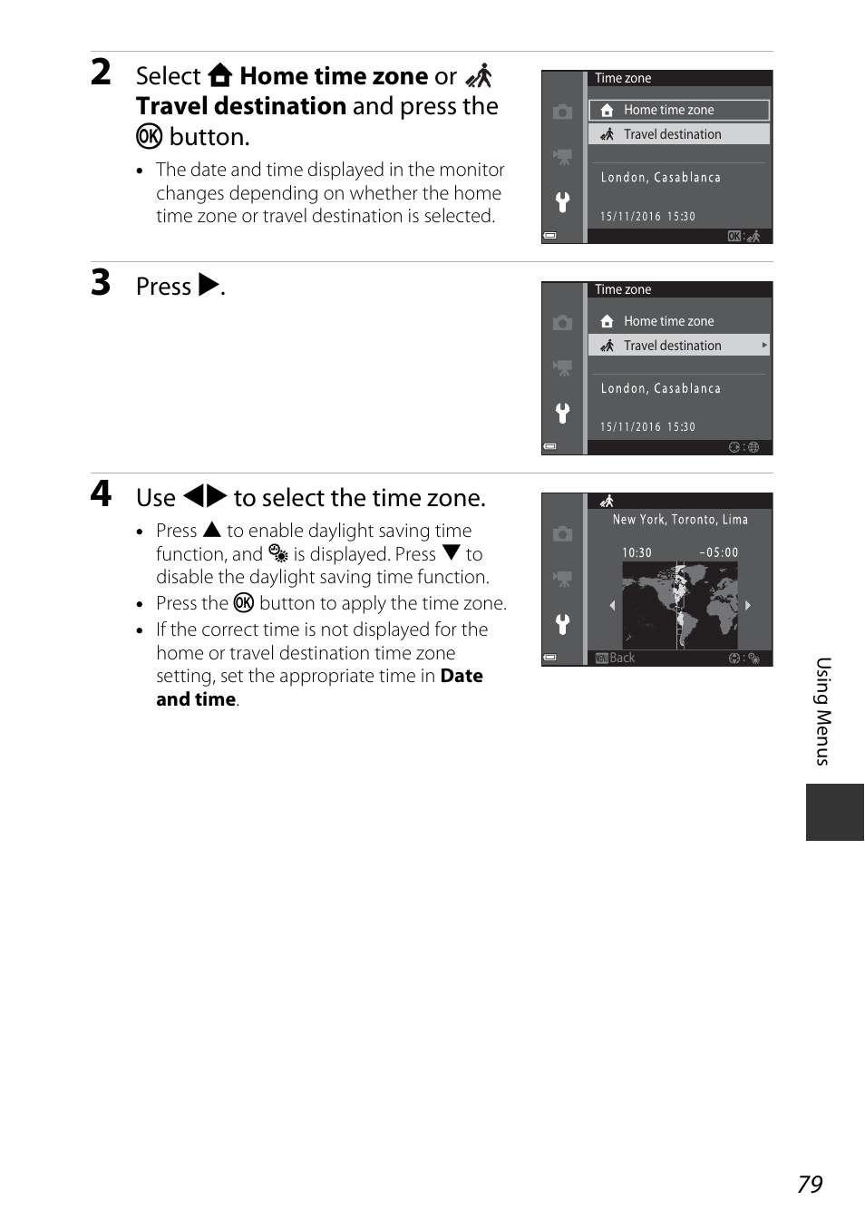 Press k, Use jk to select the time zone | Nikon Coolpix A100 User Manual | Page 95 / 144