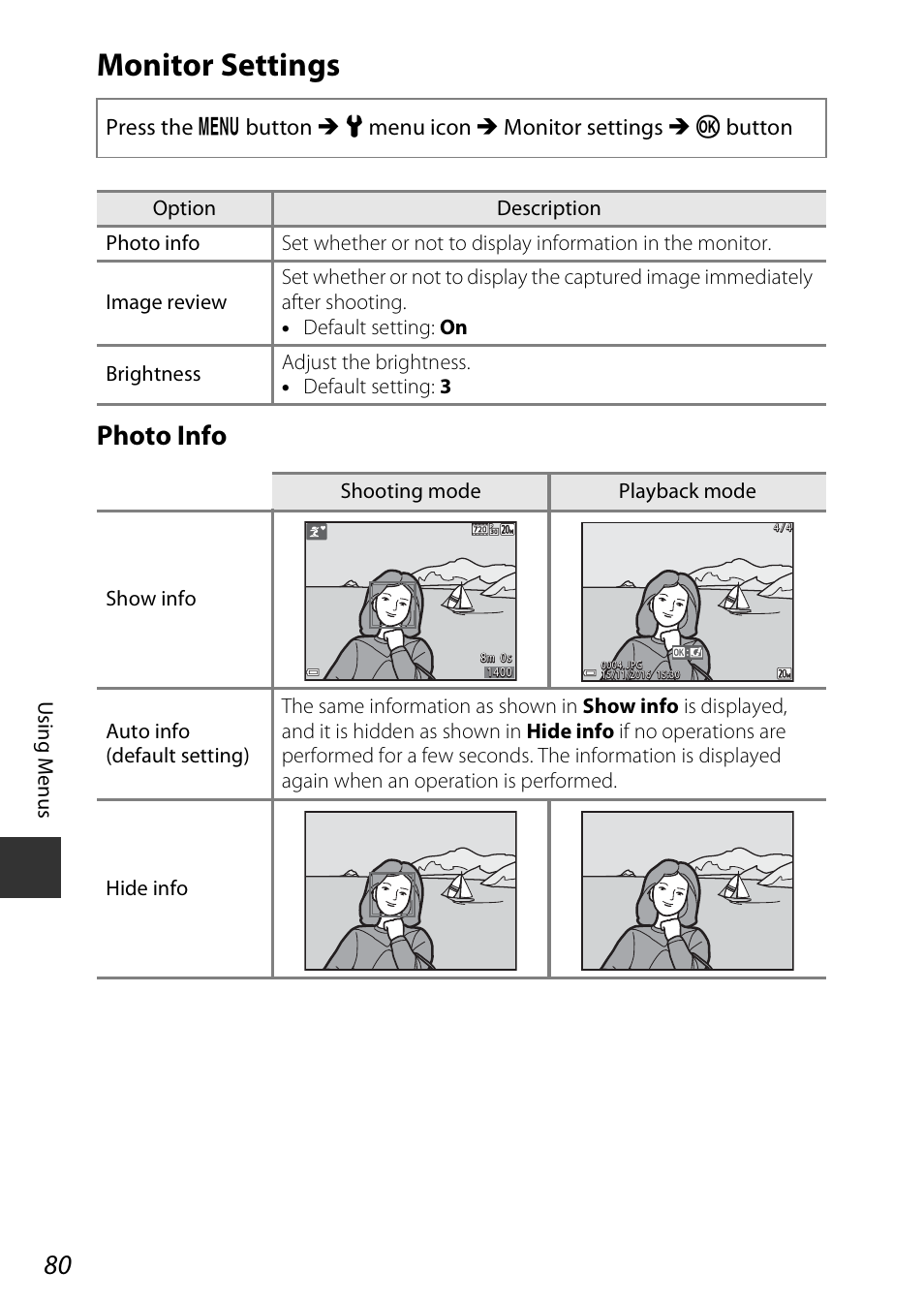 Monitor settings, A80)), Photo info | Nikon Coolpix A100 User Manual | Page 96 / 144