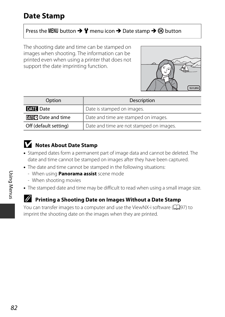 Date stamp | Nikon Coolpix A100 User Manual | Page 98 / 144