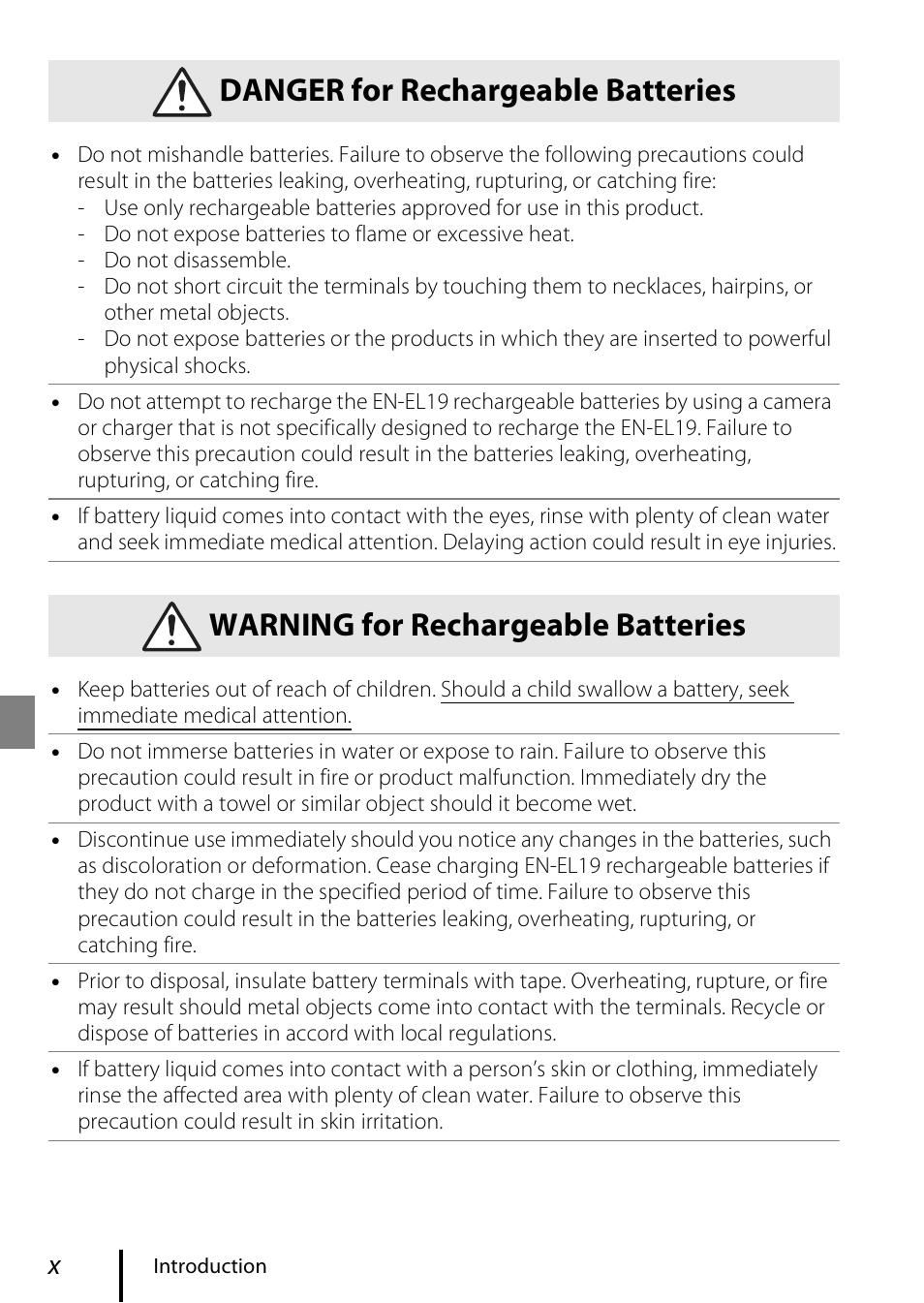 Danger for rechargeable batteries, Warning for rechargeable batteries | Nikon Coolpix A300 User Manual | Page 10 / 44