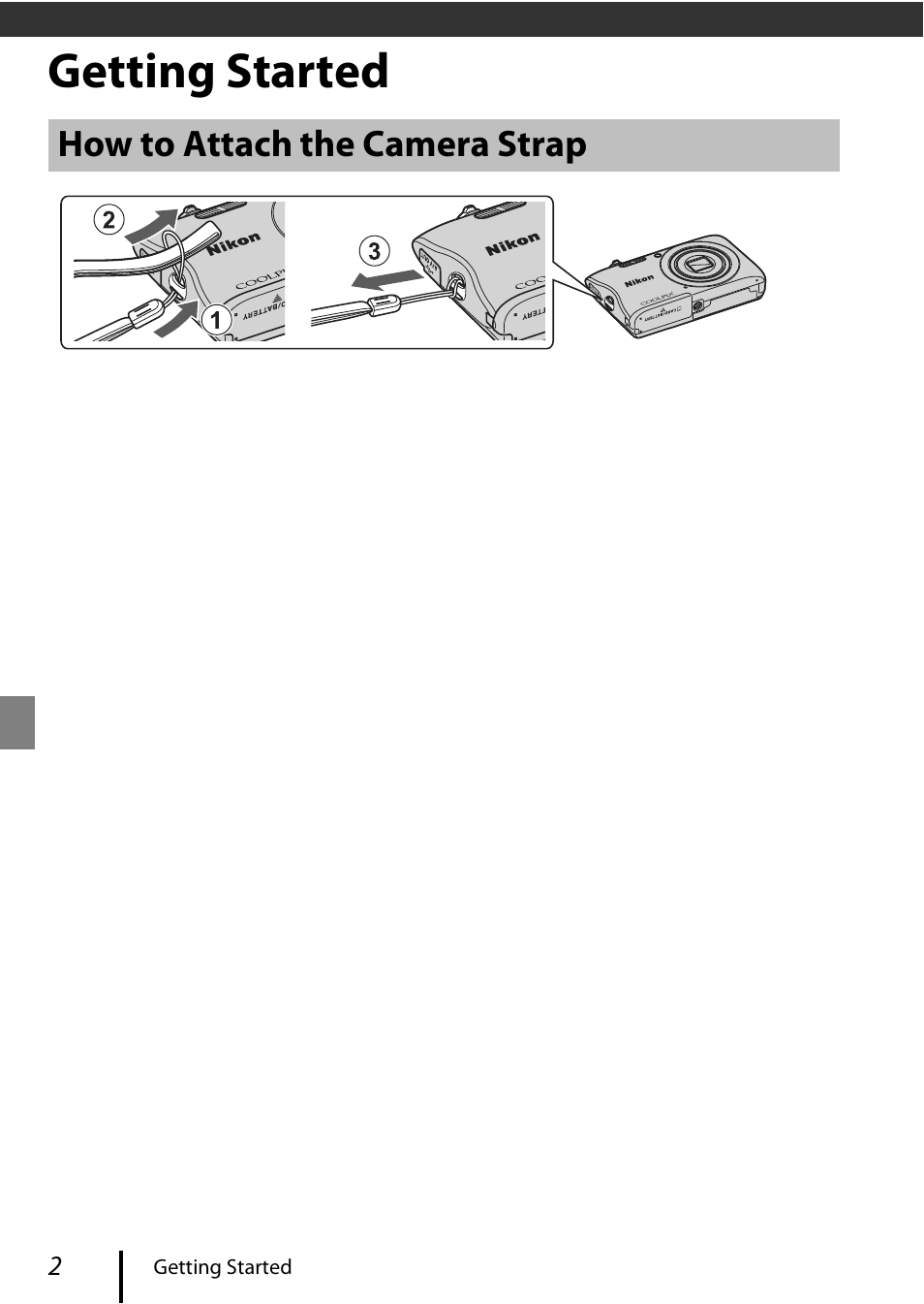 Getting started, How to attach the camera strap | Nikon Coolpix A300 User Manual | Page 12 / 44