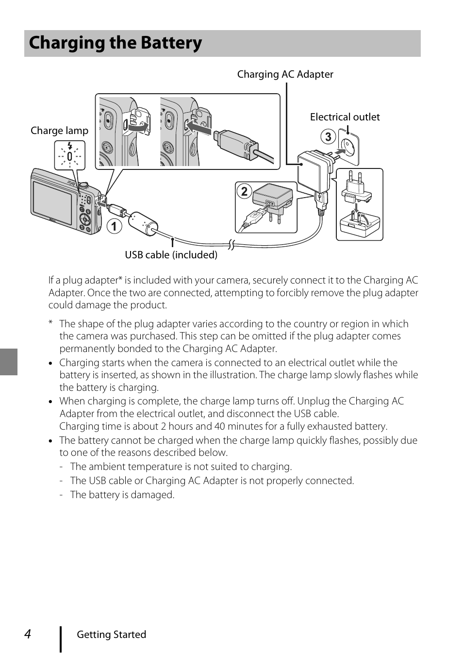 Charging the battery | Nikon Coolpix A300 User Manual | Page 14 / 44