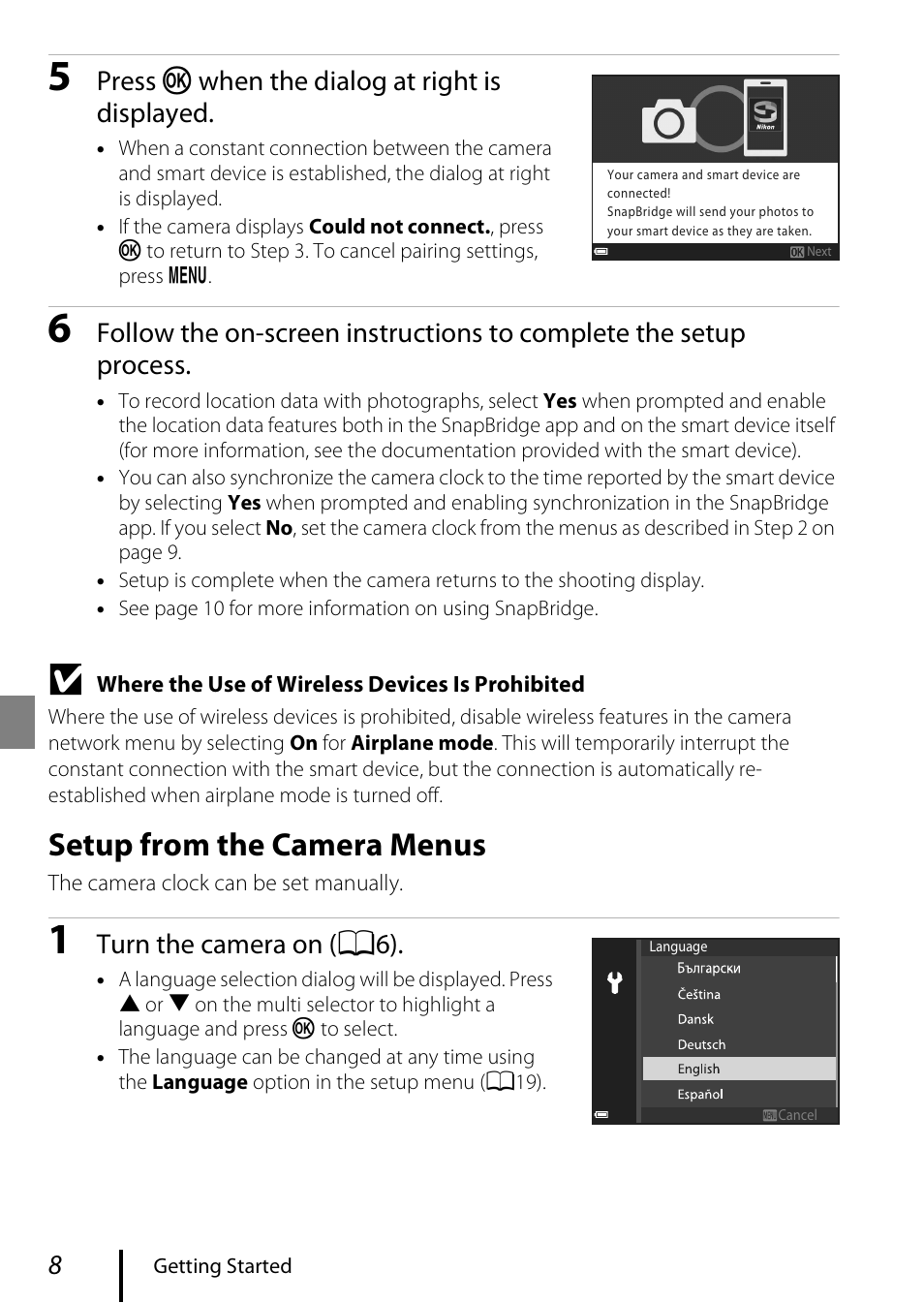 Setup from the camera menus, Press k when the dialog at right is displayed, Turn the camera on ( a6) | Nikon Coolpix A300 User Manual | Page 18 / 44