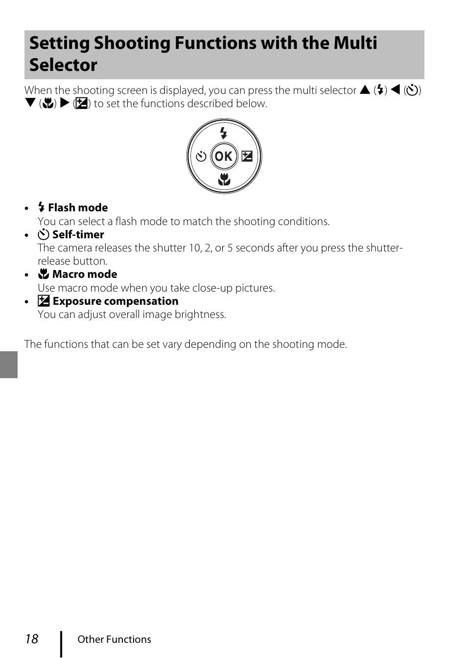 A18), Setting shooting functions with the multi selector | Nikon Coolpix A300 User Manual | Page 28 / 44