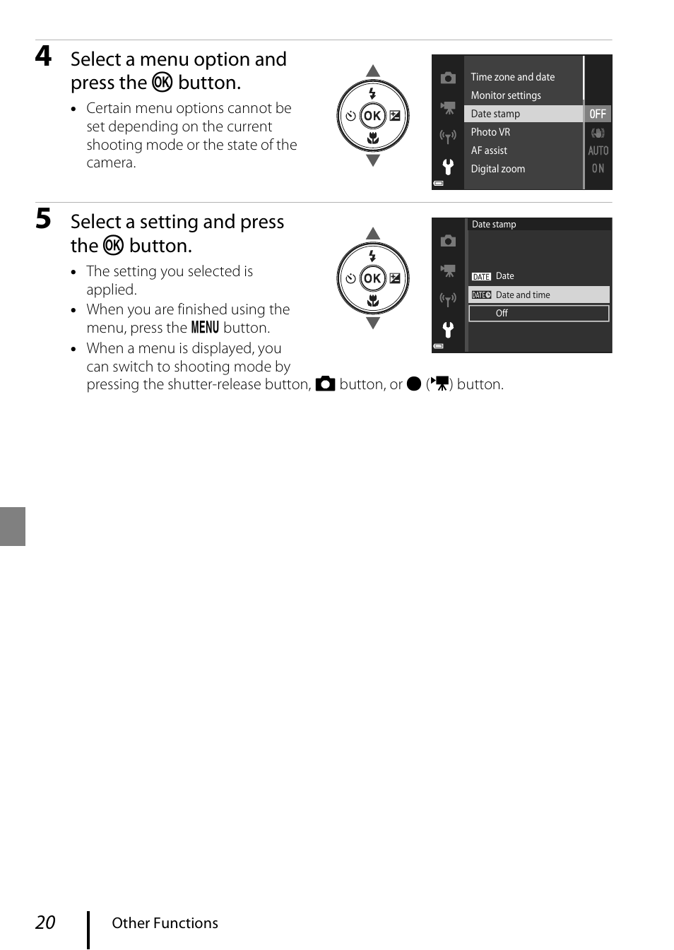 Select a menu option and press the k button, Select a setting and press the k button | Nikon Coolpix A300 User Manual | Page 30 / 44