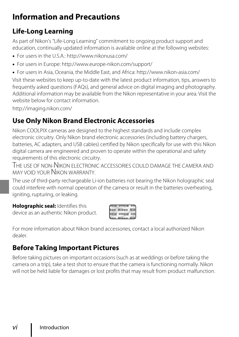 Information and precautions, Life-long learning, Use only nikon brand electronic accessories | Before taking important pictures | Nikon Coolpix A300 User Manual | Page 6 / 44
