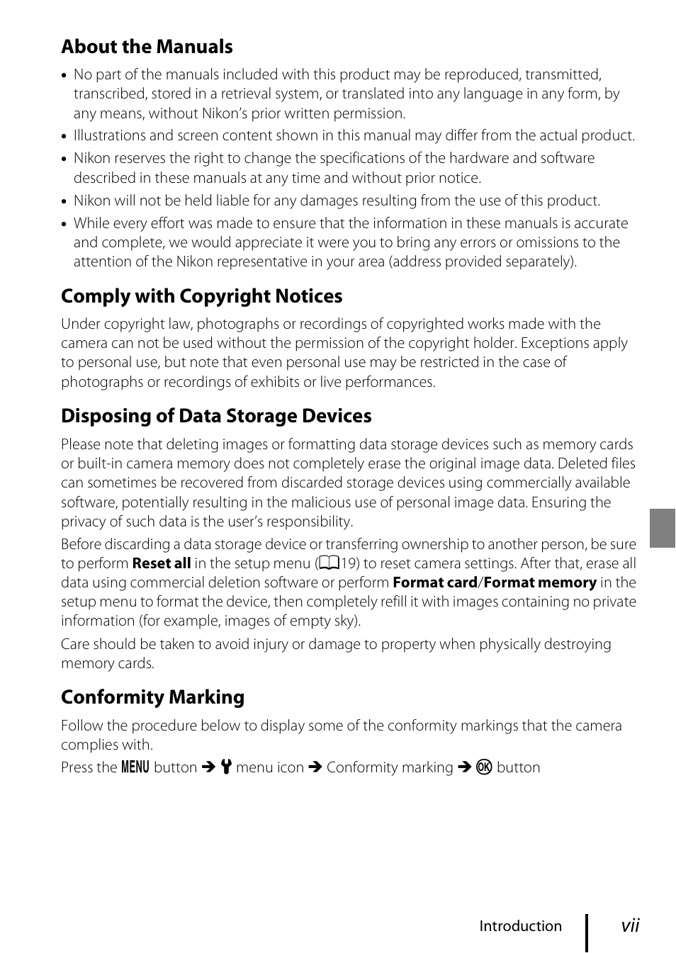About the manuals, Comply with copyright notices, Disposing of data storage devices | Conformity marking | Nikon Coolpix A300 User Manual | Page 7 / 44