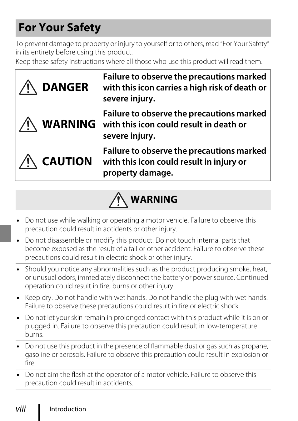 Your safety, E viii, For your safety danger | Warning, Caution | Nikon Coolpix A300 User Manual | Page 8 / 44