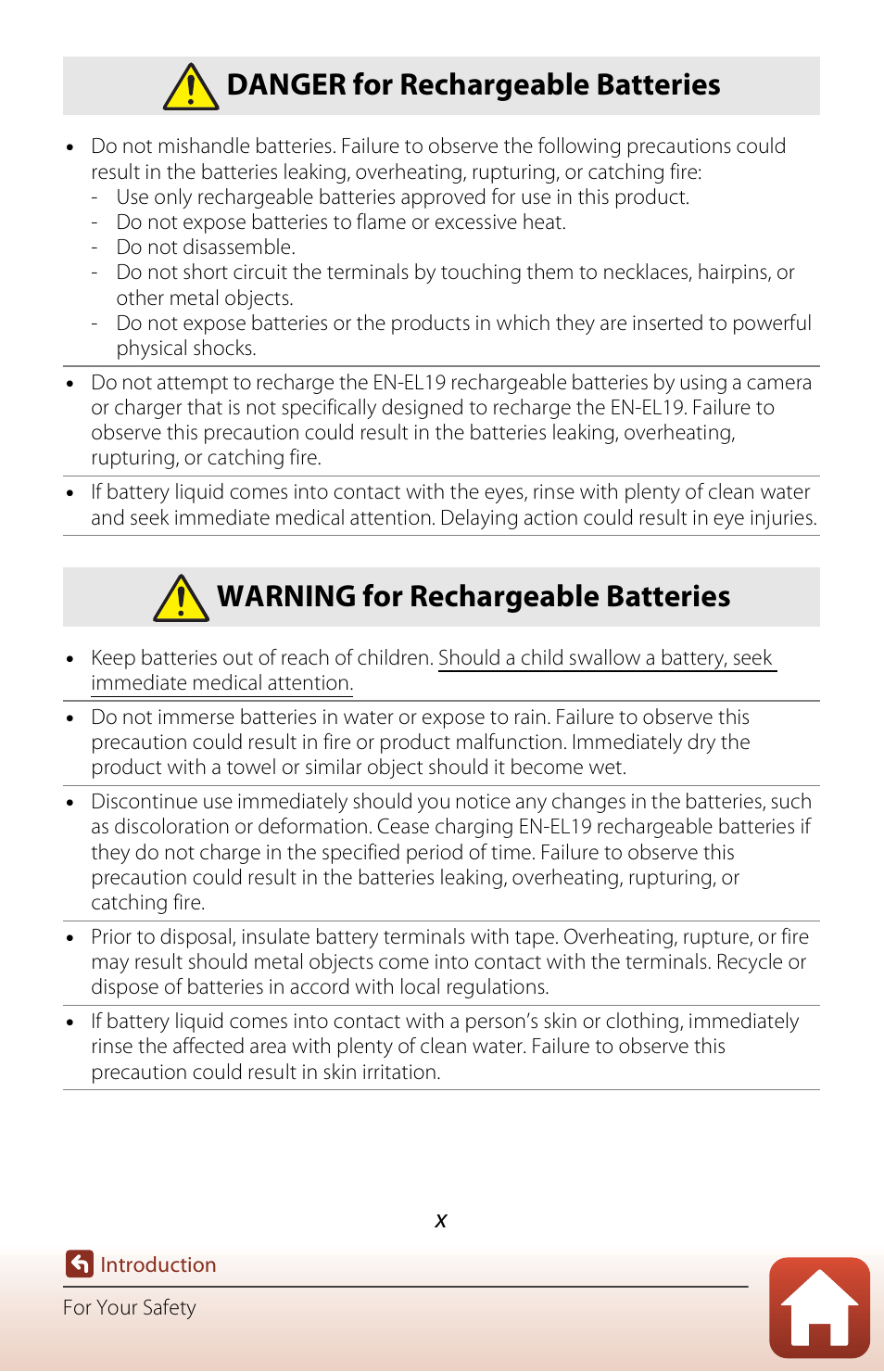 Danger for rechargeable batteries, Warning for rechargeable batteries | Nikon Coolpix A300 User Manual | Page 10 / 179