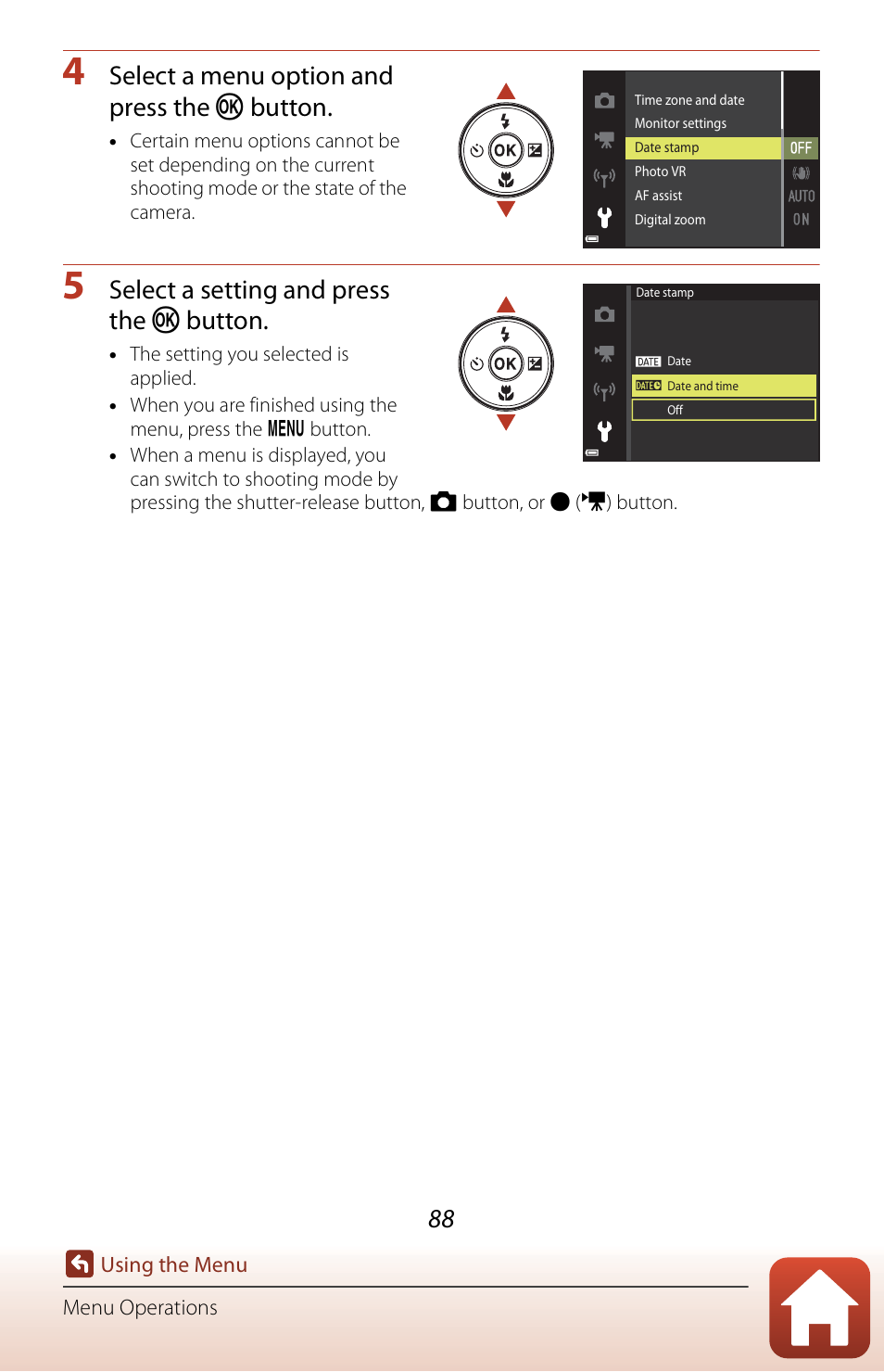 Select a menu option and press the k button, Select a setting and press the k button | Nikon Coolpix A300 User Manual | Page 103 / 179