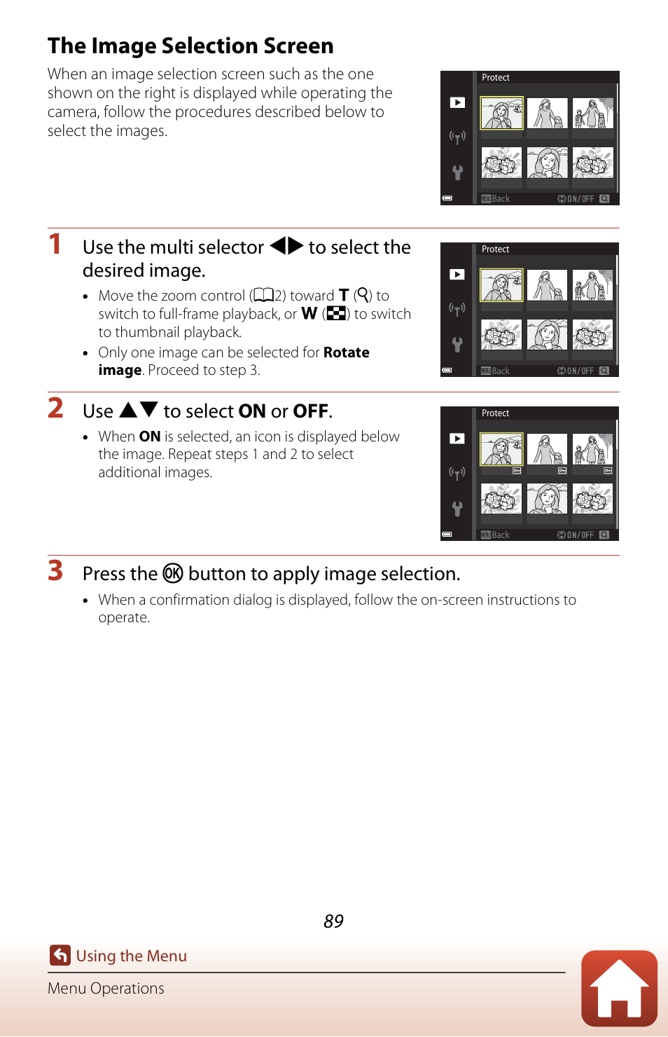 The image selection screen, Use hi to select on or off, Press the k button to apply image selection | Nikon Coolpix A300 User Manual | Page 104 / 179