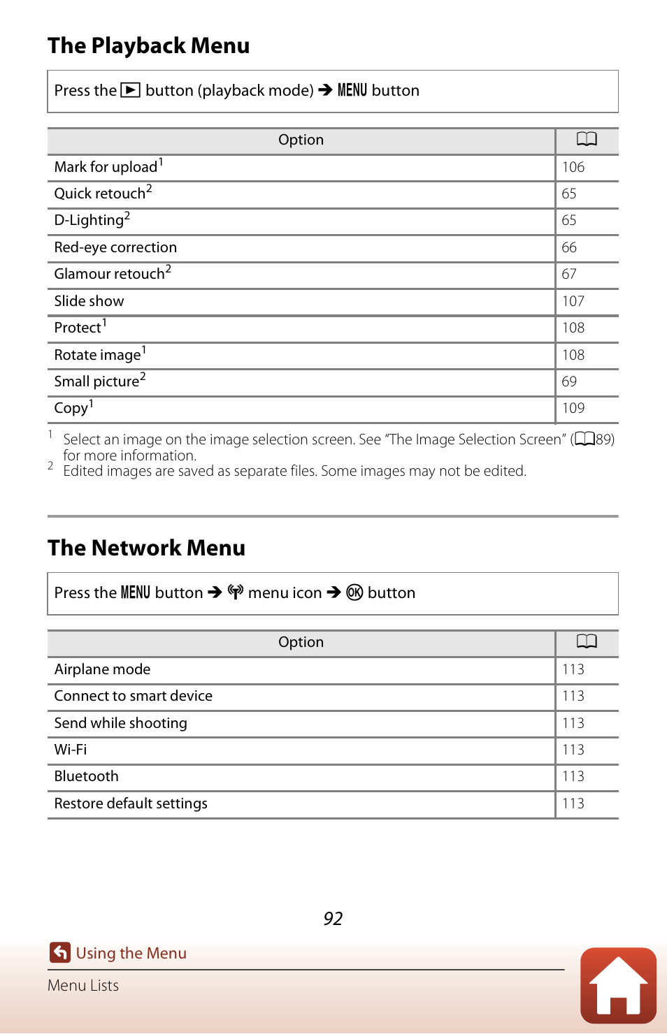 The playback menu, The network menu | Nikon Coolpix A300 User Manual | Page 107 / 179