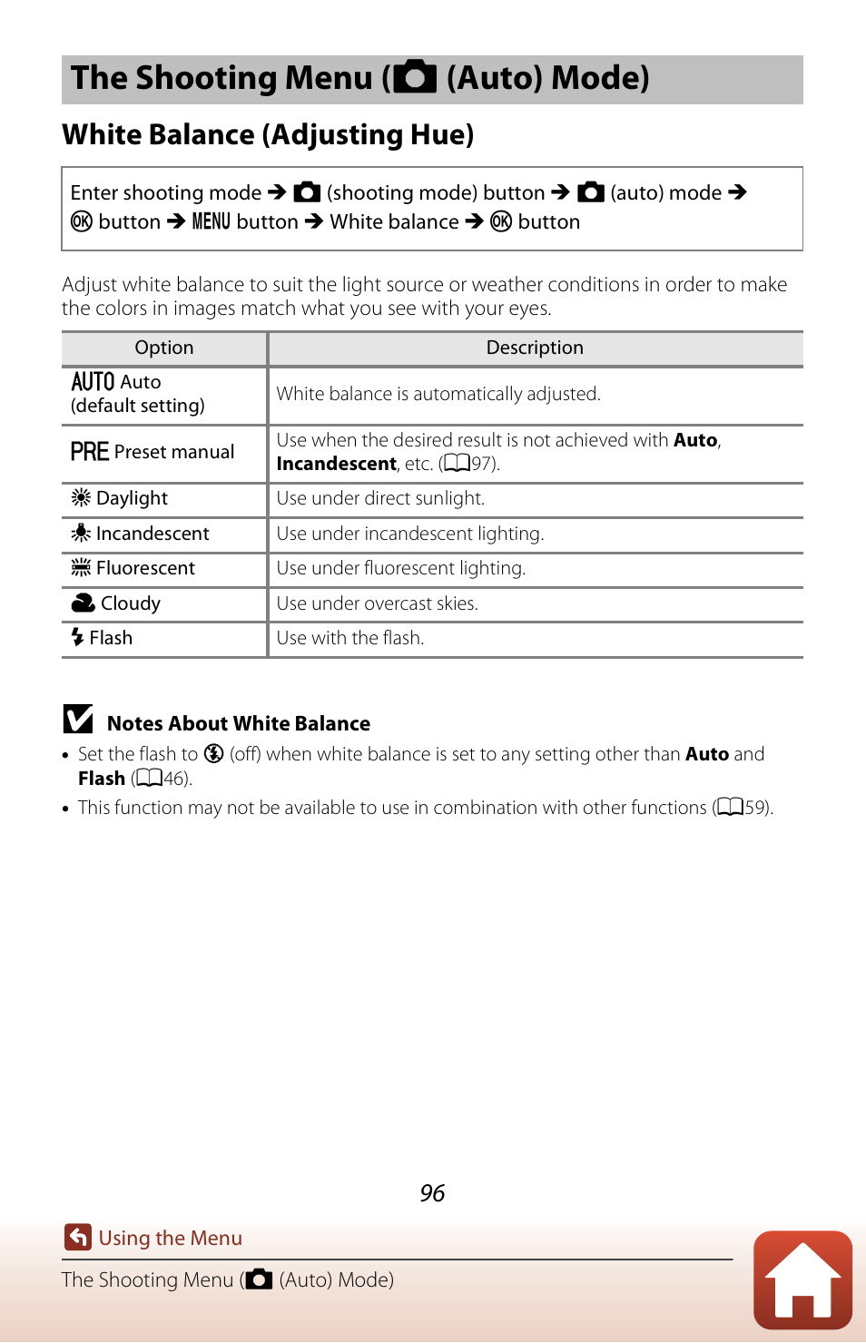 The shooting menu (auto mode), White balance (adjusting hue), The shooting menu ( a (auto) mode) | Nikon Coolpix A300 User Manual | Page 111 / 179