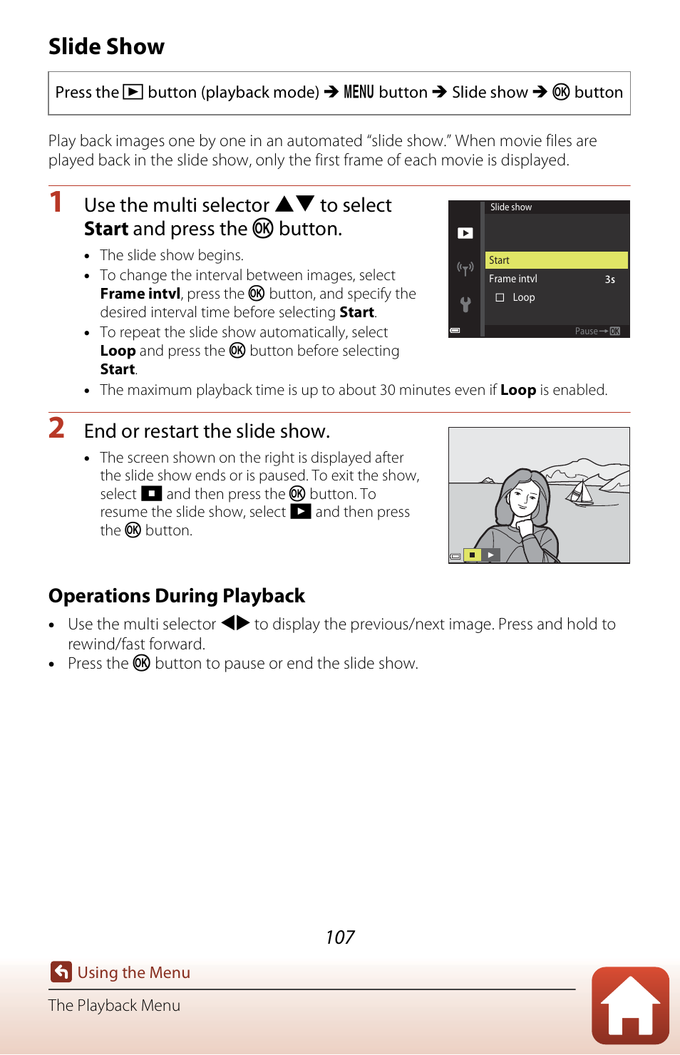 Slide show, End or restart the slide show, Operations during playback | Nikon Coolpix A300 User Manual | Page 122 / 179