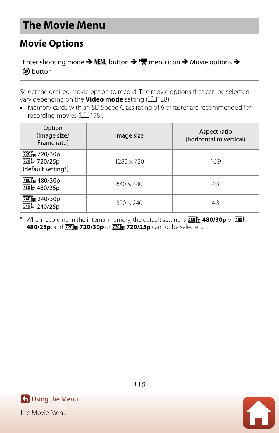 The movie menu, Movie options | Nikon Coolpix A300 User Manual | Page 125 / 179