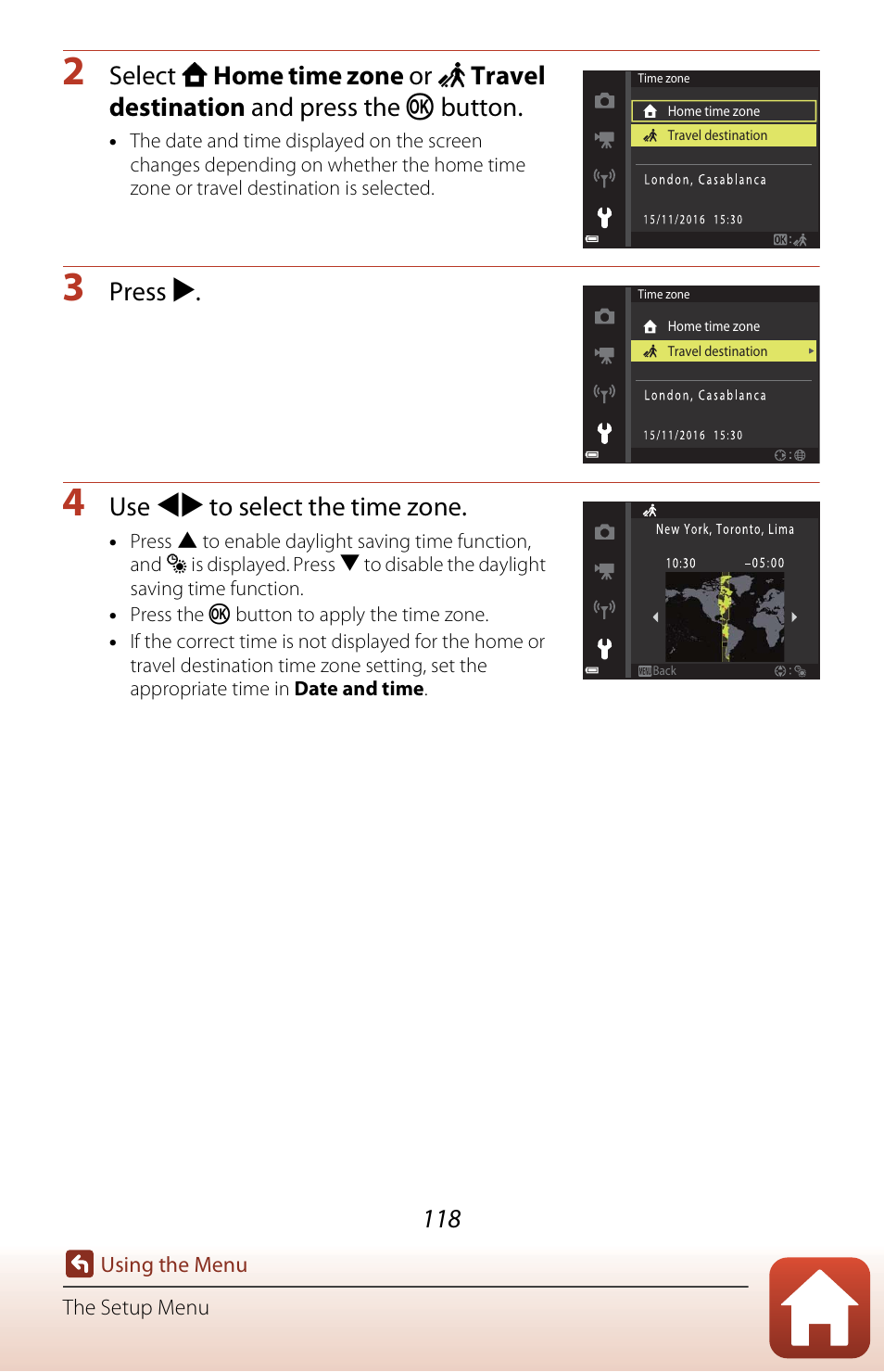 Press k, Use jk to select the time zone | Nikon Coolpix A300 User Manual | Page 133 / 179